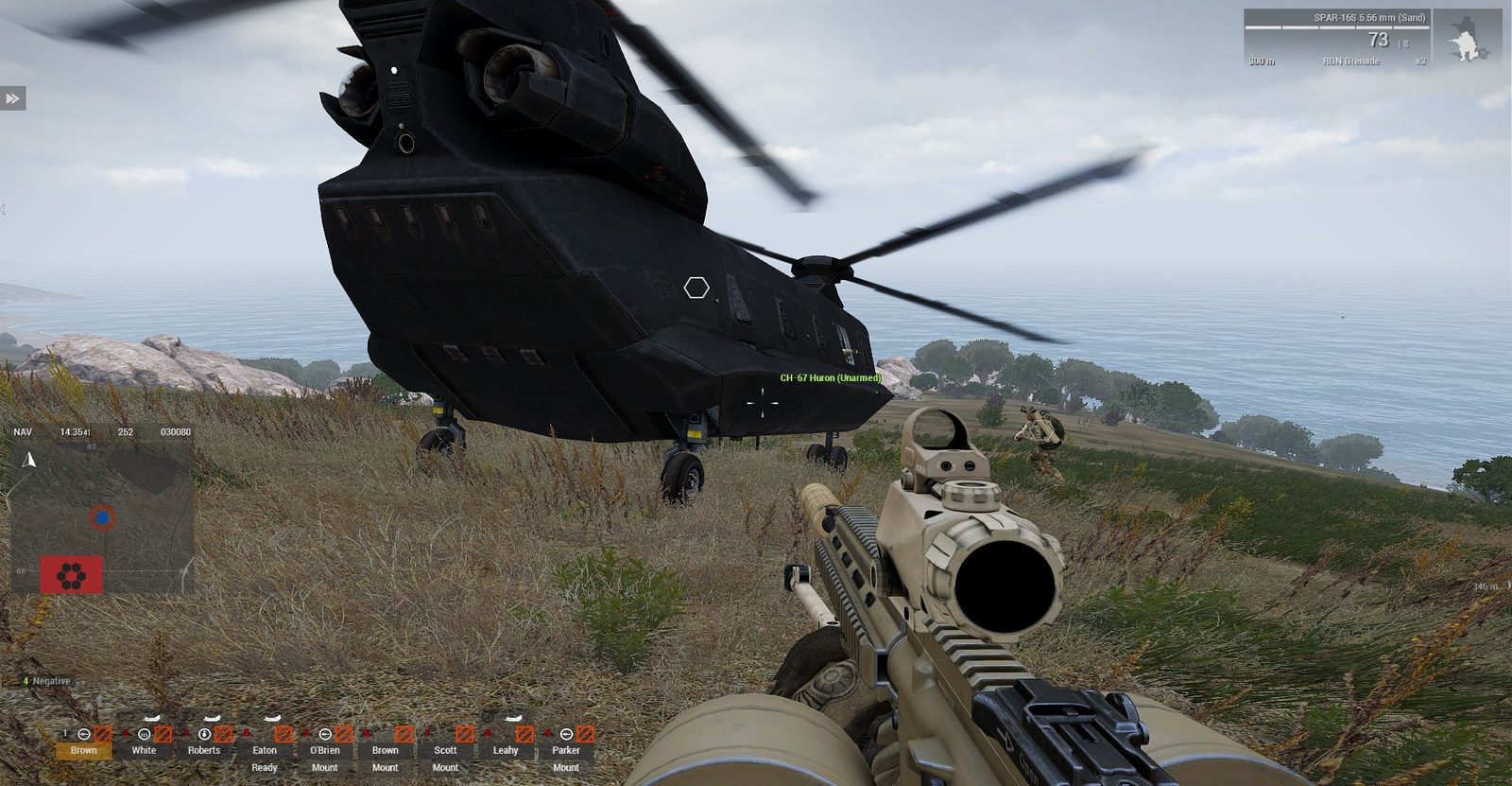 A CH-67 Huron settles in to lift the squad home. In-game screenshot.