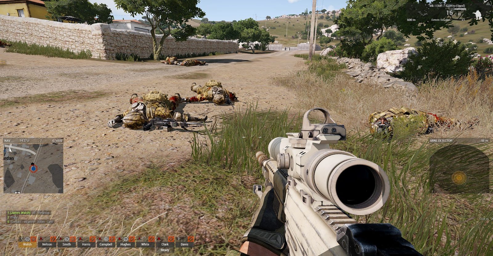 An enemy position cleared; the engineer sweeps for mines. In-game screenshot.