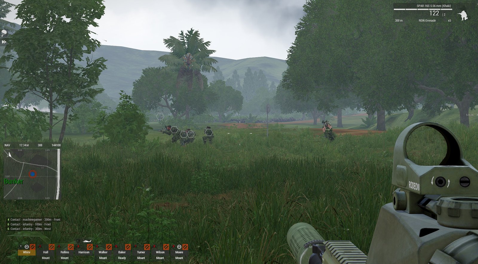 The squad advances through Tanoa's jungle in tropical camo. In-game screenshot.